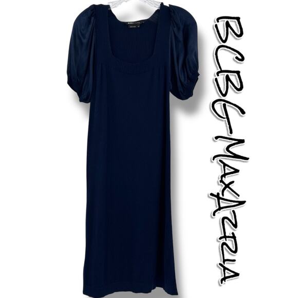 BCBGMaxAzria Silk Cashmere Blend Puff Sleeve Dress Navy Blue Shift Womens S - Picture 1 of 10